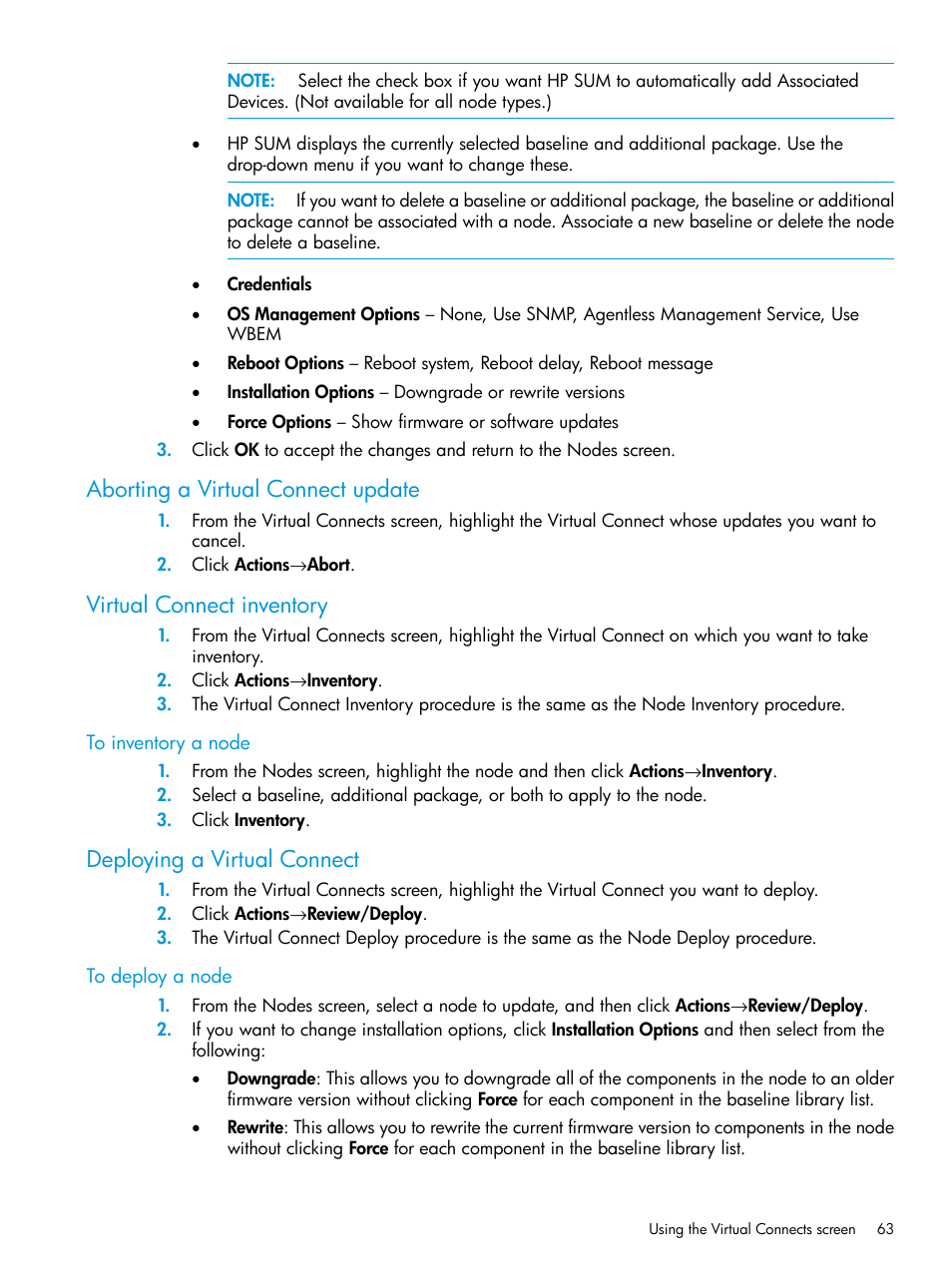 To deploy a node, Aborting a virtual connect update, Virtual connect inventory | Deploying a virtual connect | HP Smart Update Manager User Manual | Page 63 / 130