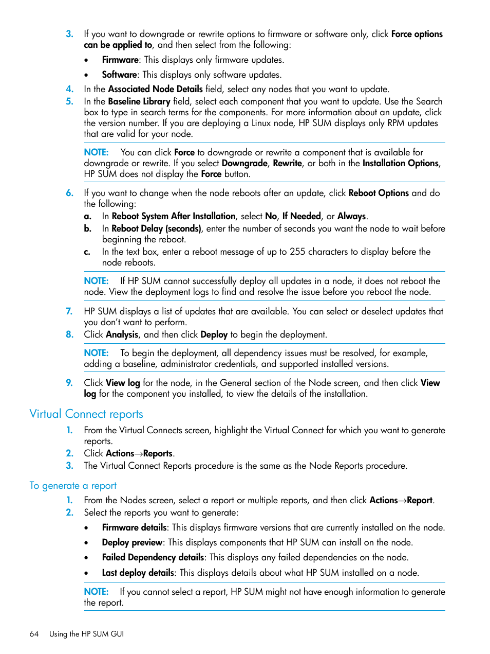 To generate a report, Virtual connect reports | HP Smart Update Manager User Manual | Page 64 / 130