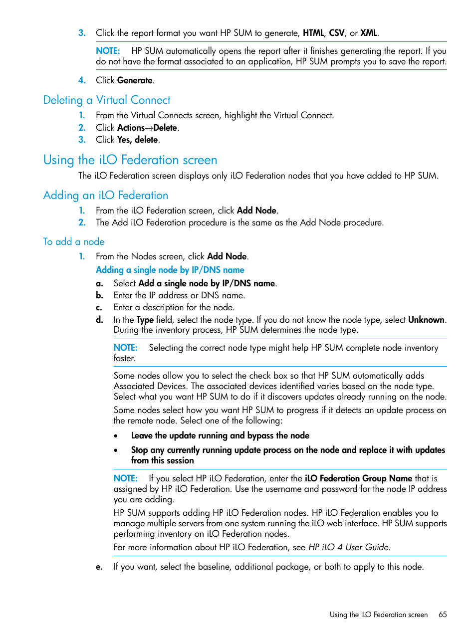 To add a node, Deleting a virtual connect, Using the ilo federation screen | Adding an ilo federation | HP Smart Update Manager User Manual | Page 65 / 130