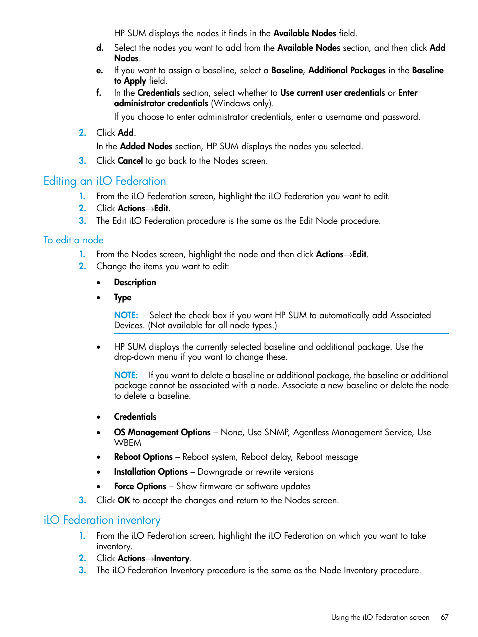 To edit a node, Editing an ilo federation, Ilo federation inventory | Editing an ilo federation ilo federation inventory | HP Smart Update Manager User Manual | Page 67 / 130