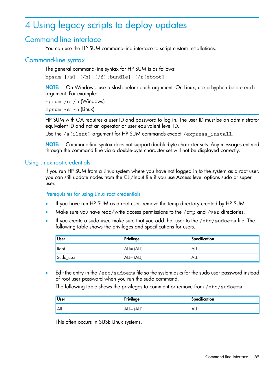 4 using legacy scripts to deploy updates, Command-line interface, Command-line syntax | Using linux root credentials, Prerequisites for using linux root credentials | HP Smart Update Manager User Manual | Page 69 / 130