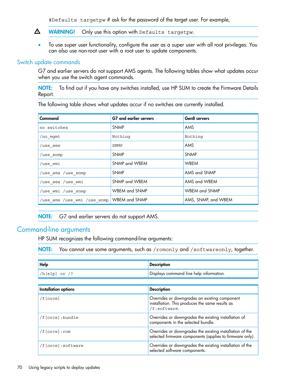 Switch update commands, Command-line arguments | HP Smart Update Manager User Manual | Page 70 / 130