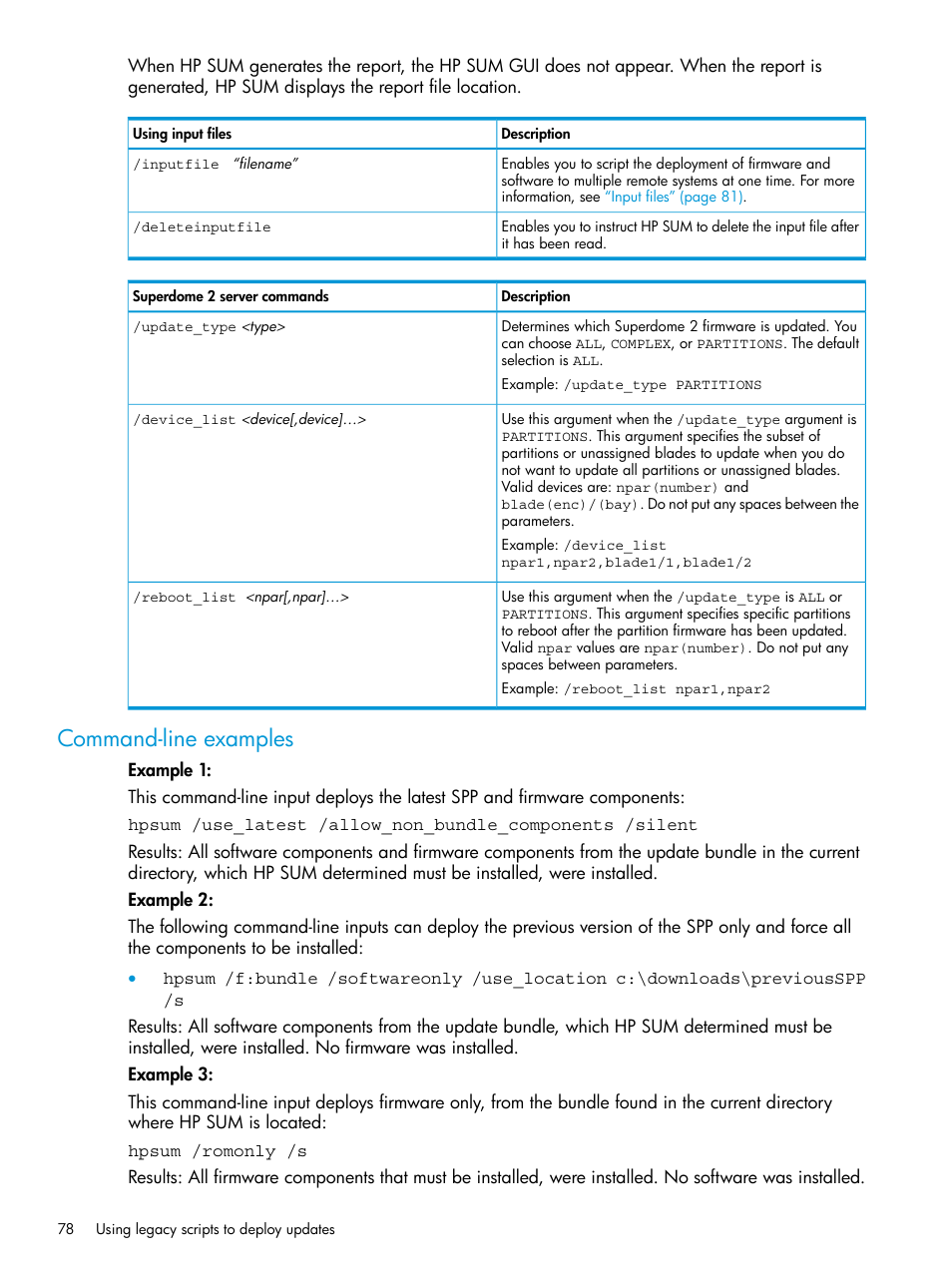 Command-line examples | HP Smart Update Manager User Manual | Page 78 / 130