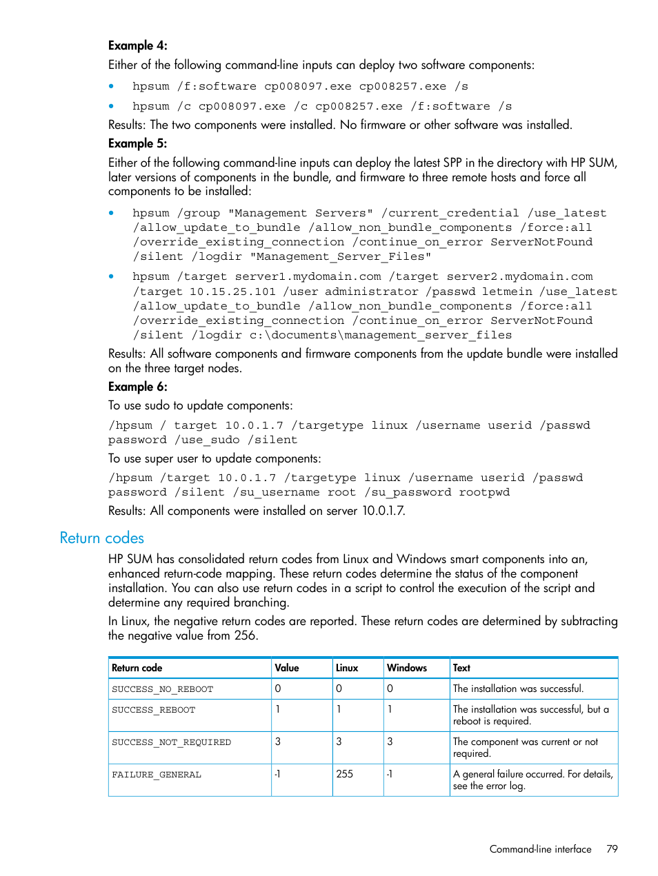 Return codes | HP Smart Update Manager User Manual | Page 79 / 130