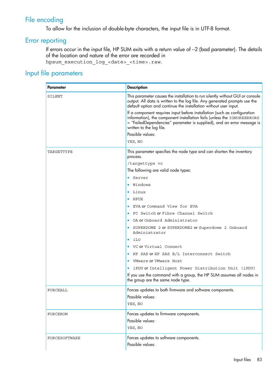 File encoding, Error reporting, Input file parameters | HP Smart Update Manager User Manual | Page 83 / 130