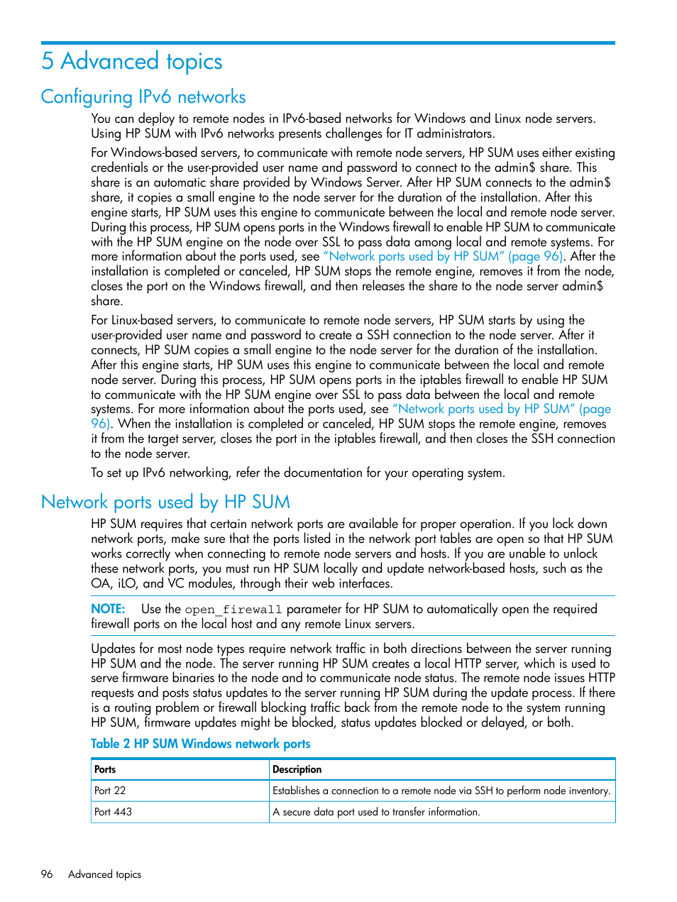 5 advanced topics, Configuring ipv6 networks, Network ports used by hp sum | HP Smart Update Manager User Manual | Page 96 / 130