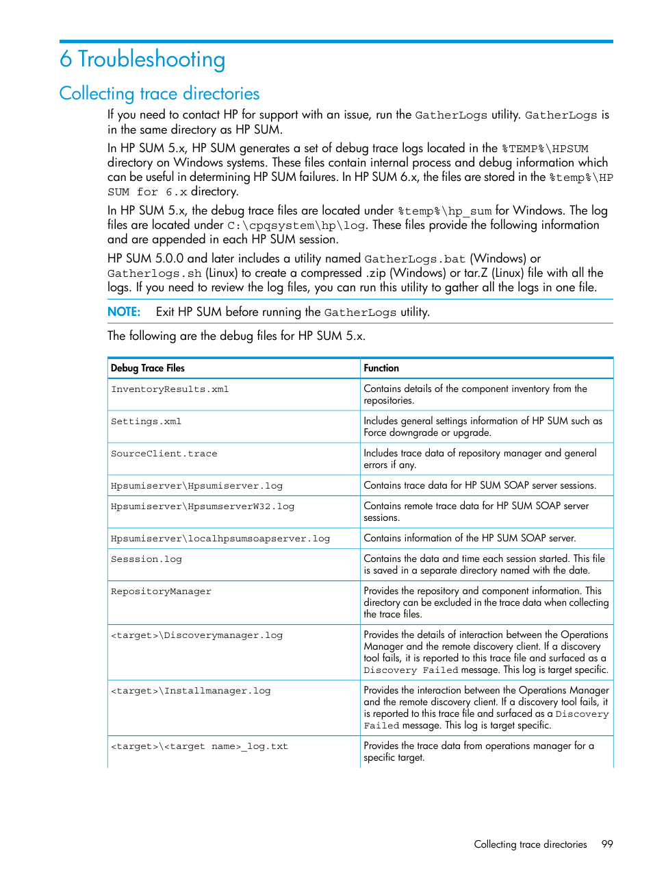 6 troubleshooting, Collecting trace directories | HP Smart Update Manager User Manual | Page 99 / 130