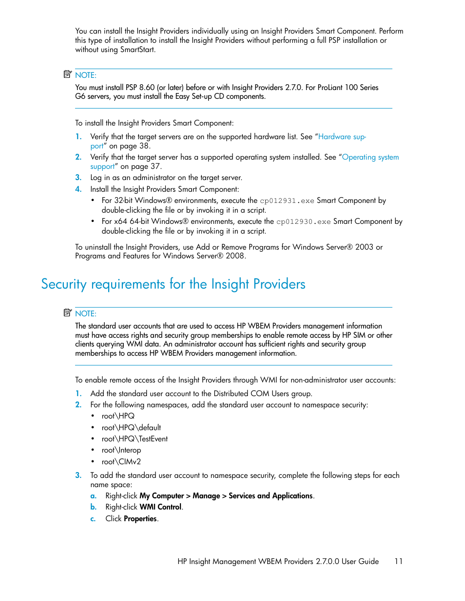 Security requirements for the insight providers | HP Insight Management WBEM Providers User Manual | Page 11 / 46