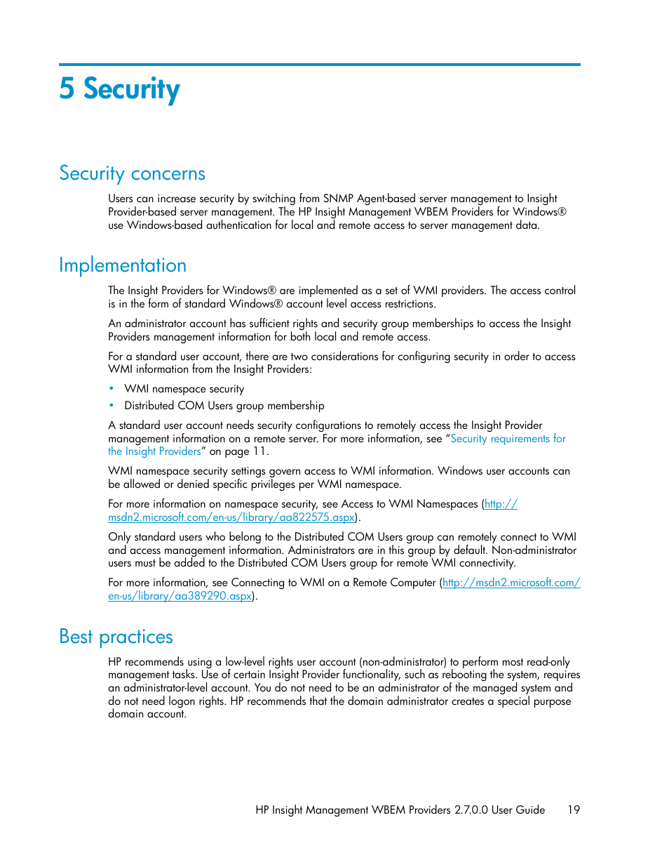 5 security, Security concerns, Implementation | Best practices, 19 implementation, 19 best practices | HP Insight Management WBEM Providers User Manual | Page 19 / 46