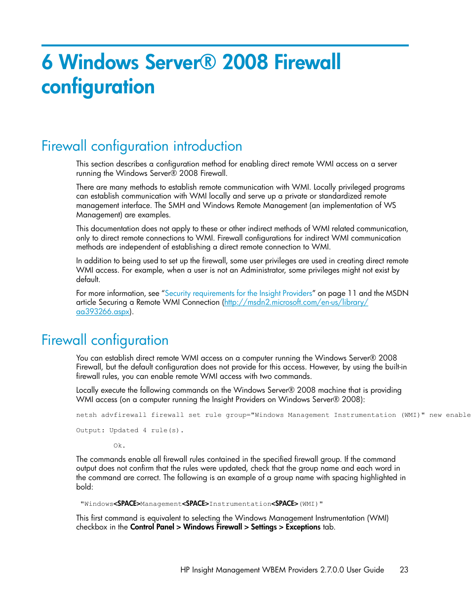 6 windows server® 2008 firewall configuration, Firewall configuration introduction, Firewall configuration | 23 firewall configuration | HP Insight Management WBEM Providers User Manual | Page 23 / 46