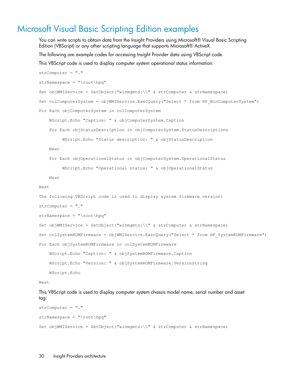 Microsoft visual basic scripting edition examples | HP Insight Management WBEM Providers User Manual | Page 30 / 46