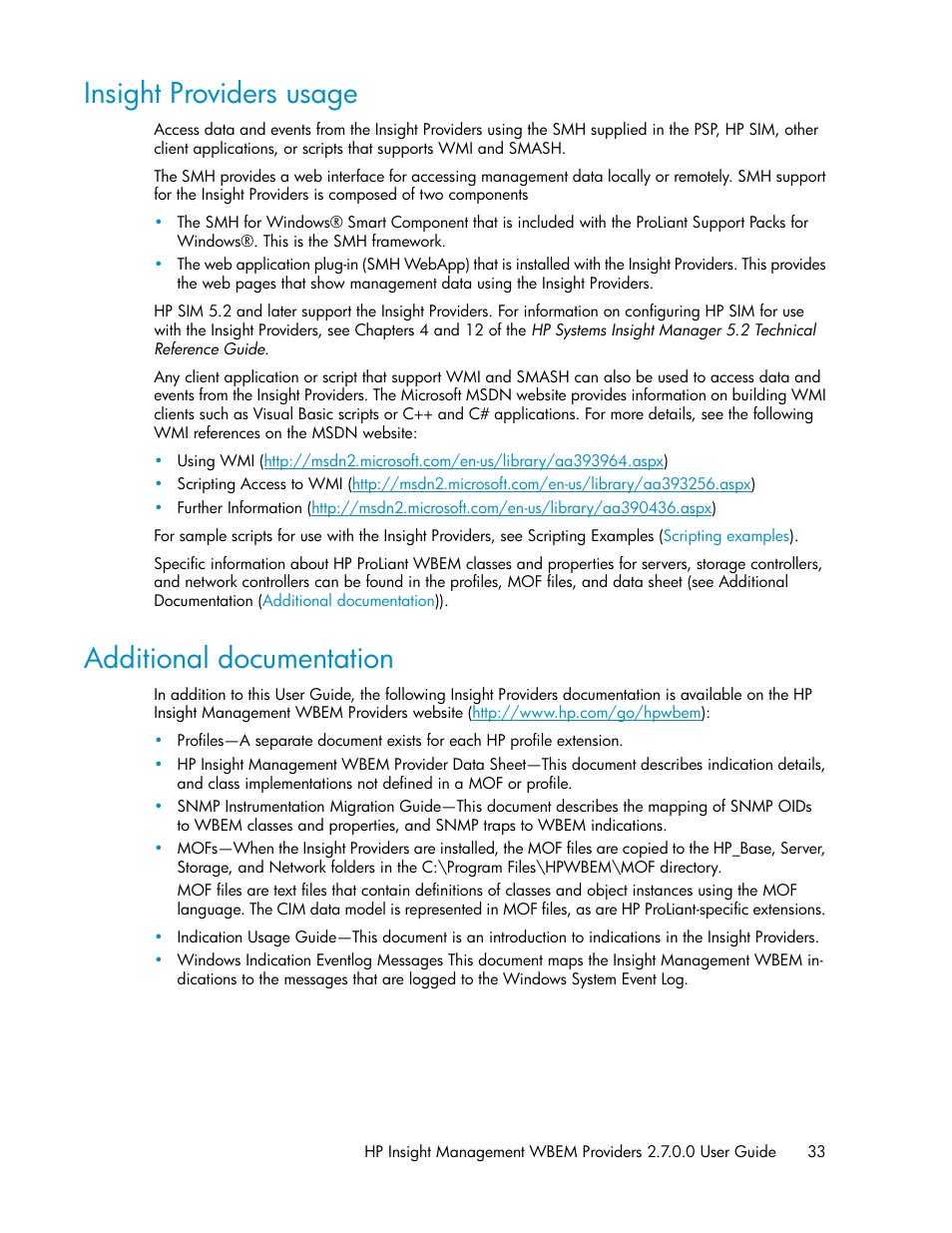 Insight providers usage, Additional documentation, 33 additional documentation | HP Insight Management WBEM Providers User Manual | Page 33 / 46