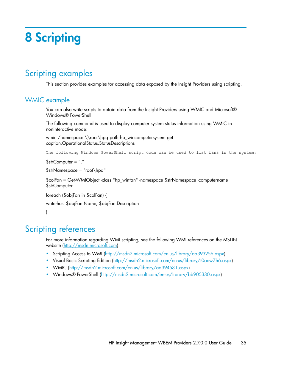 8 scripting, Scripting examples, Wmic example | Scripting references | HP Insight Management WBEM Providers User Manual | Page 35 / 46