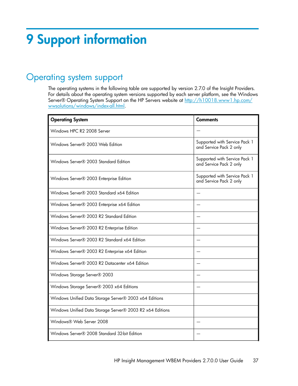 9 support information, Operating system support, Operating system | Support | HP Insight Management WBEM Providers User Manual | Page 37 / 46