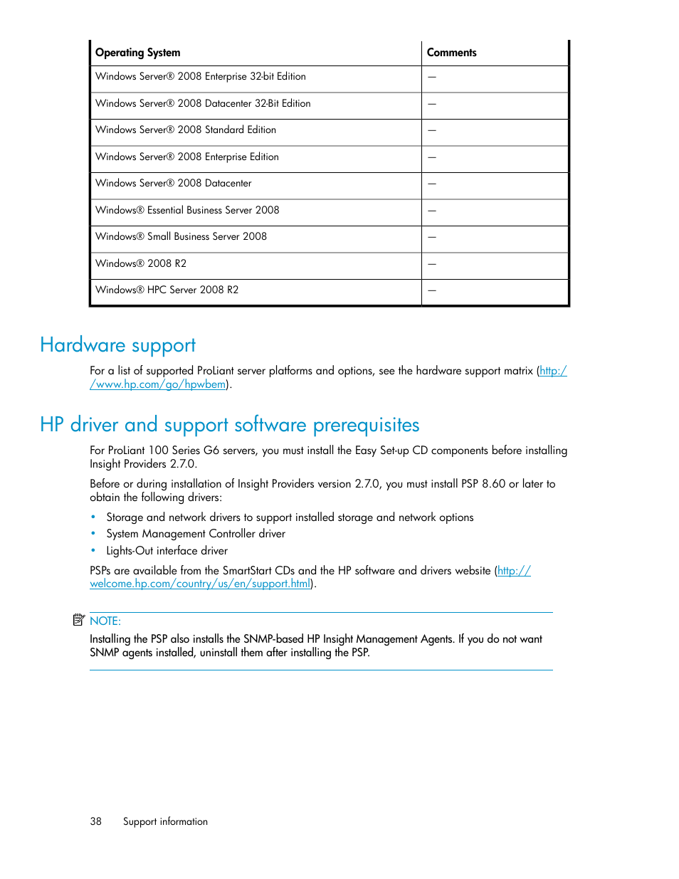 Hardware support, Hp driver and support software prerequisites, 38 hp driver and support software prerequisites | Hardware sup, Port | HP Insight Management WBEM Providers User Manual | Page 38 / 46