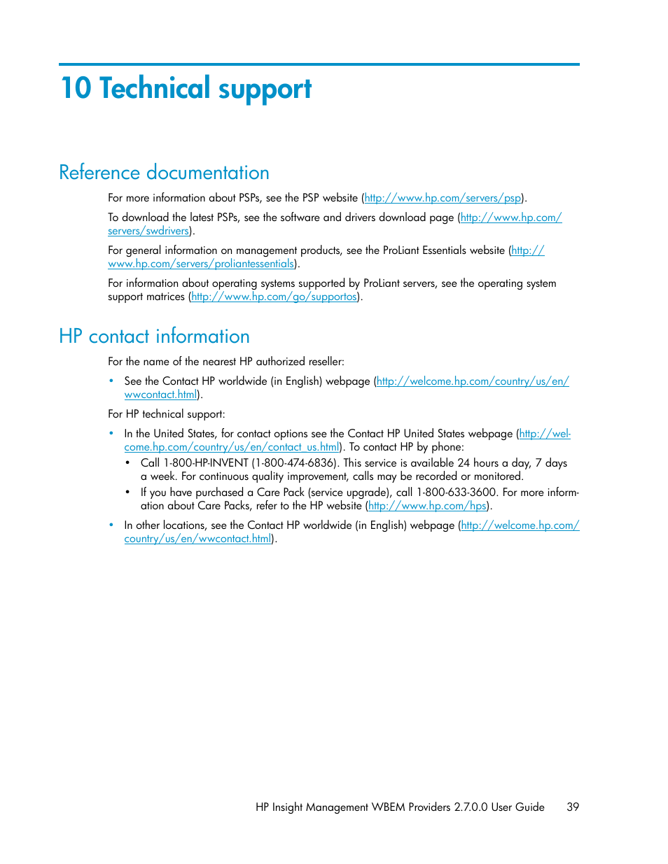 10 technical support, Reference documentation, Hp contact information | 39 hp contact information | HP Insight Management WBEM Providers User Manual | Page 39 / 46