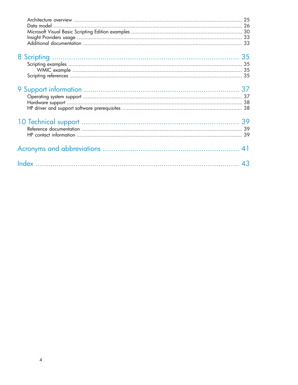 8 scripting, 9 support information, 10 technical support | Acronyms and abbreviations index | HP Insight Management WBEM Providers User Manual | Page 4 / 46