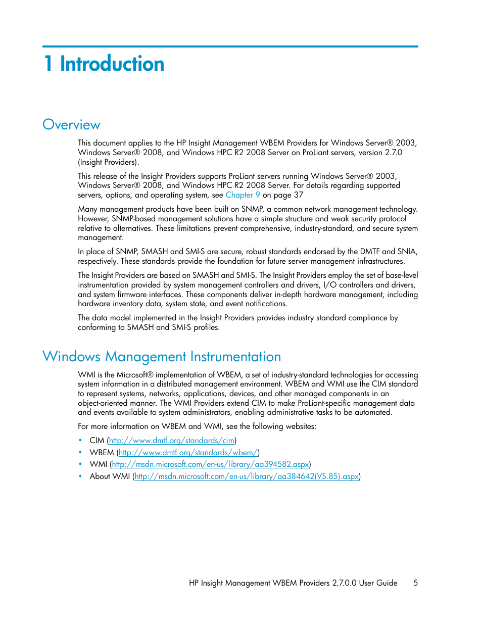 1 introduction, Overview, Windows management instrumentation | 5 windows management instrumentation | HP Insight Management WBEM Providers User Manual | Page 5 / 46