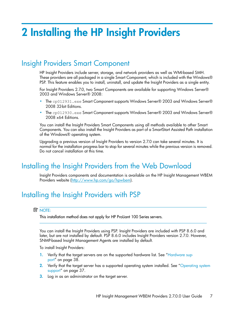 2 installing the hp insight providers, Insight providers smart component, Installing the insight providers with psp | 7 installing the insight providers with psp | HP Insight Management WBEM Providers User Manual | Page 7 / 46