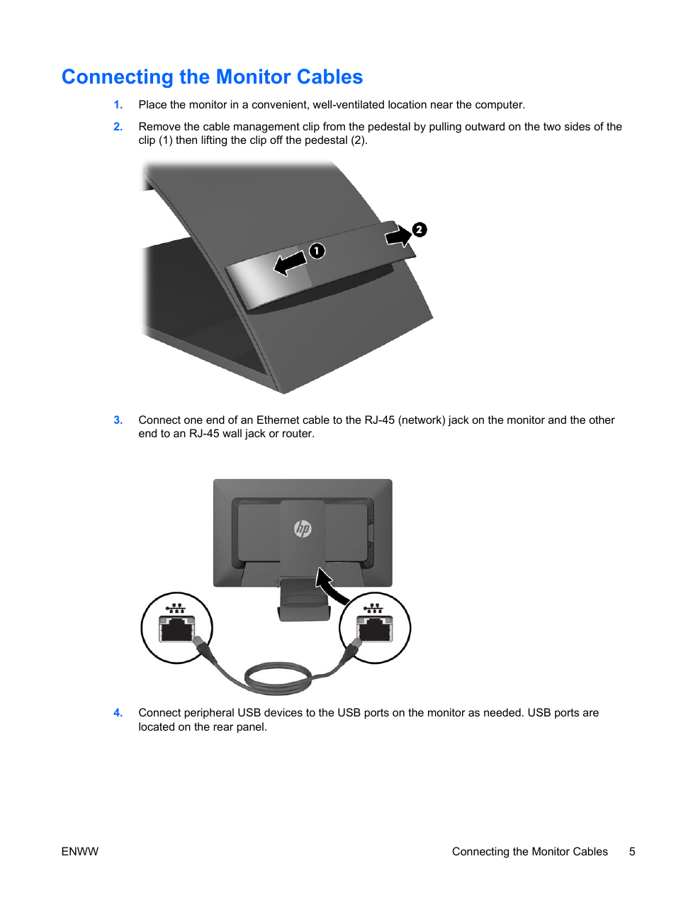 Connecting the monitor cables | HP EliteDisplay S231d 23-in IPS LED BLU Notebook Docking Monitor User Manual | Page 11 / 30