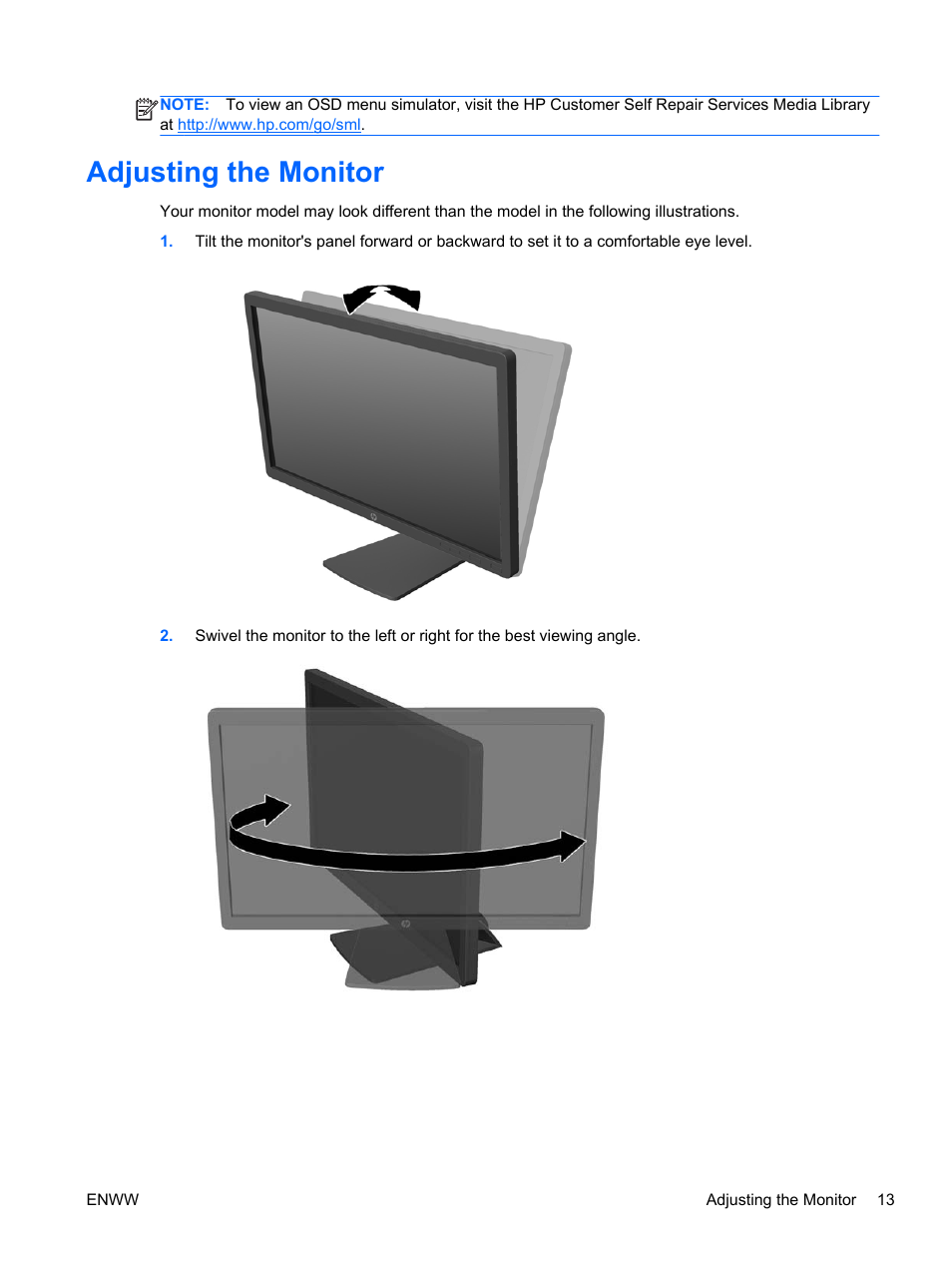 Adjusting the monitor | HP EliteDisplay S231d 23-in IPS LED BLU Notebook Docking Monitor User Manual | Page 19 / 30