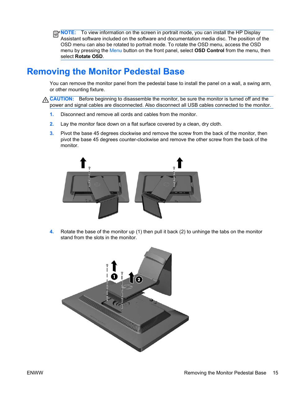 Removing the monitor pedestal base | HP EliteDisplay S231d 23-in IPS LED BLU Notebook Docking Monitor User Manual | Page 21 / 30