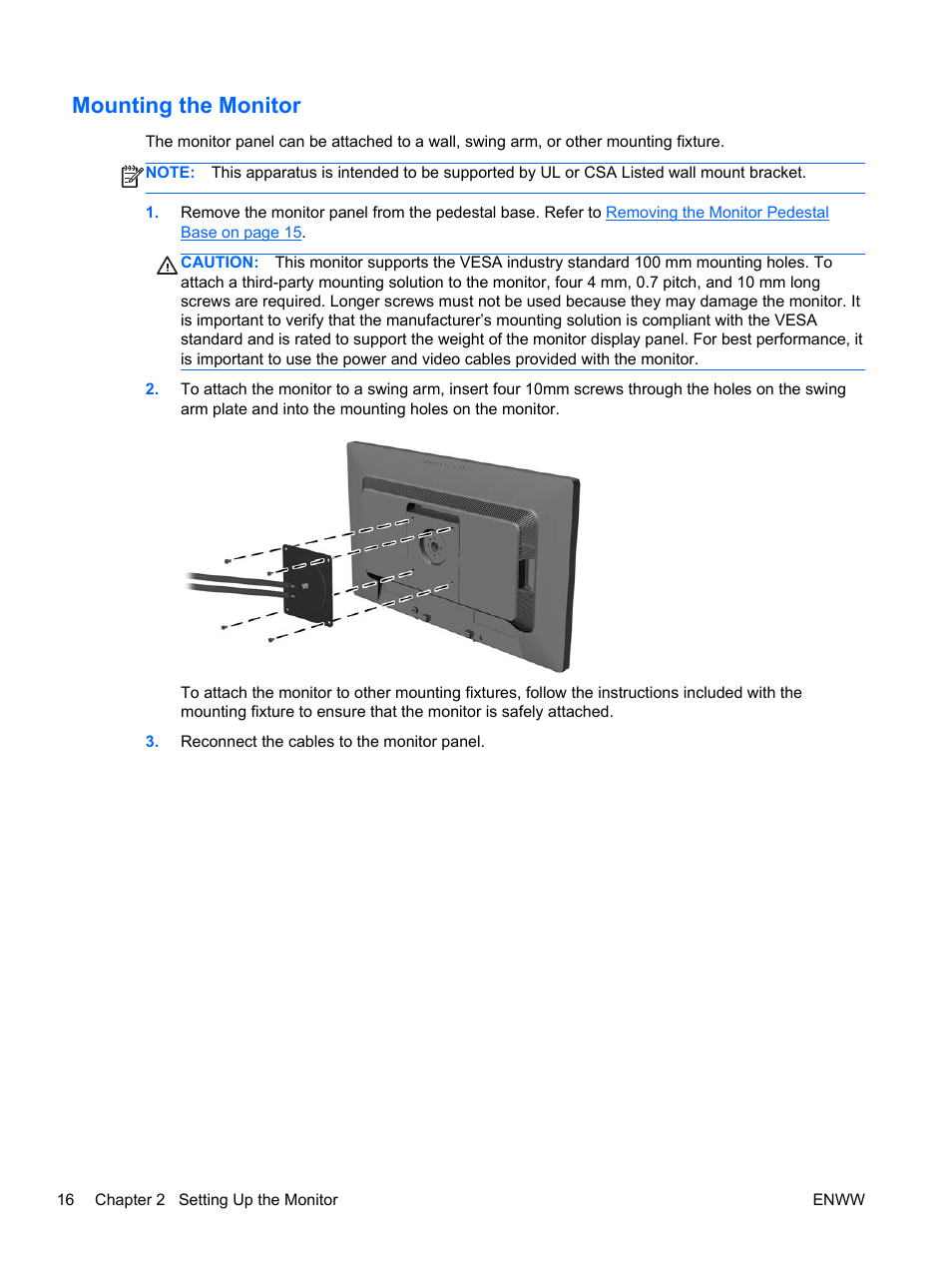 Mounting the monitor | HP EliteDisplay S231d 23-in IPS LED BLU Notebook Docking Monitor User Manual | Page 22 / 30