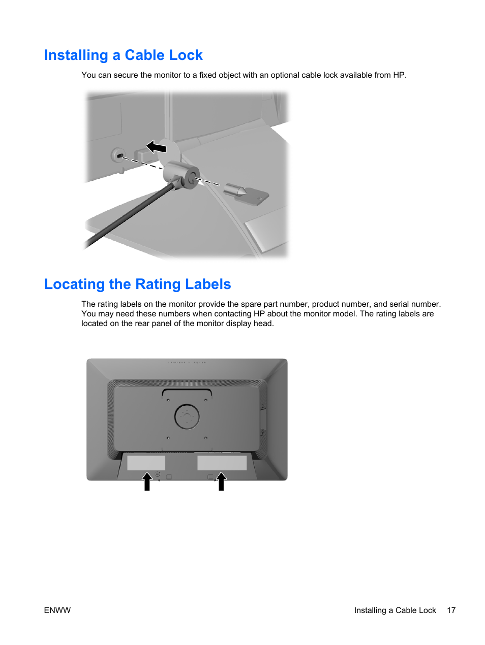 Installing a cable lock, Locating the rating labels, Installing a cable lock locating the rating labels | HP EliteDisplay S231d 23-in IPS LED BLU Notebook Docking Monitor User Manual | Page 23 / 30