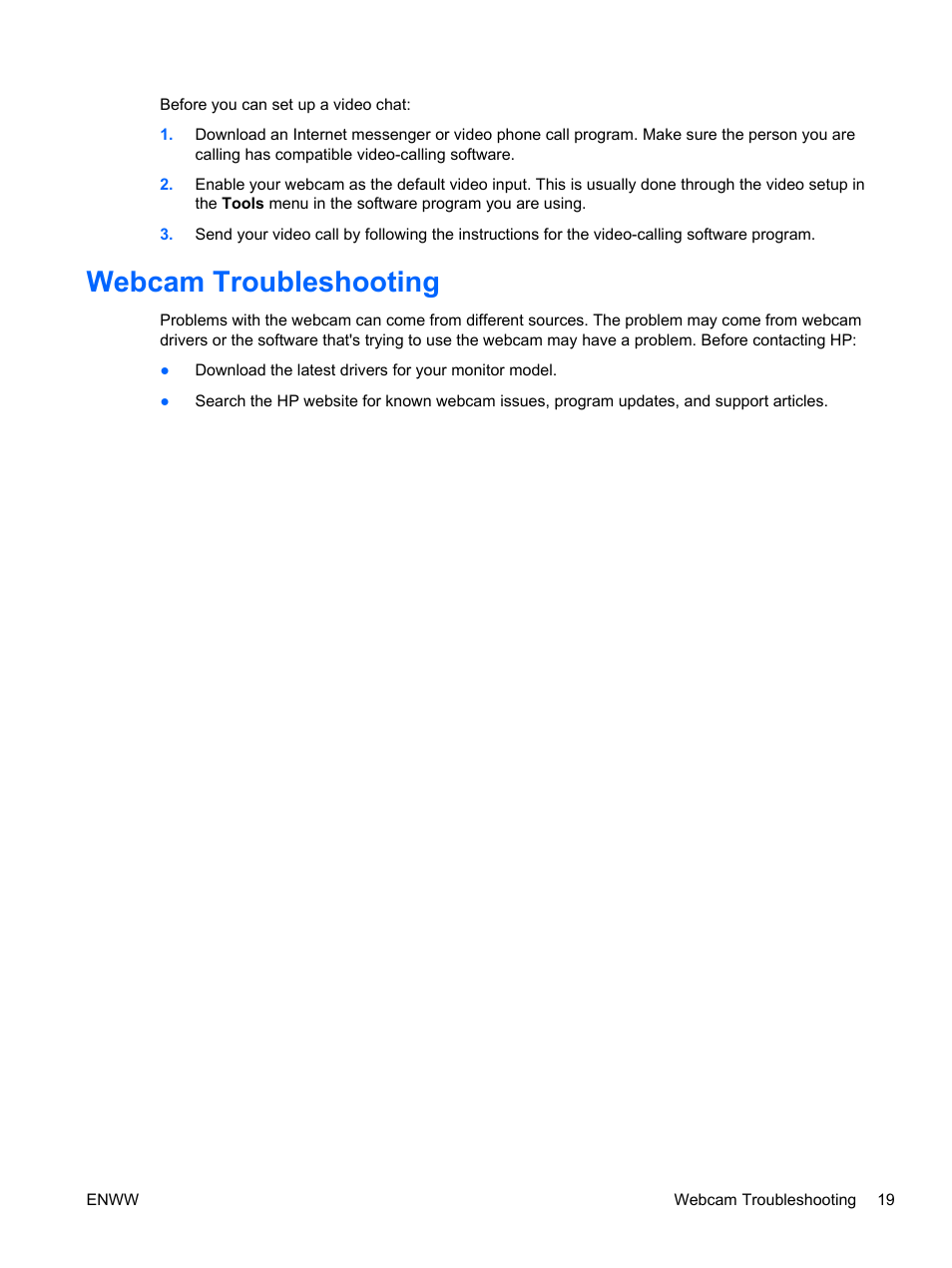Webcam troubleshooting | HP EliteDisplay S231d 23-in IPS LED BLU Notebook Docking Monitor User Manual | Page 25 / 30
