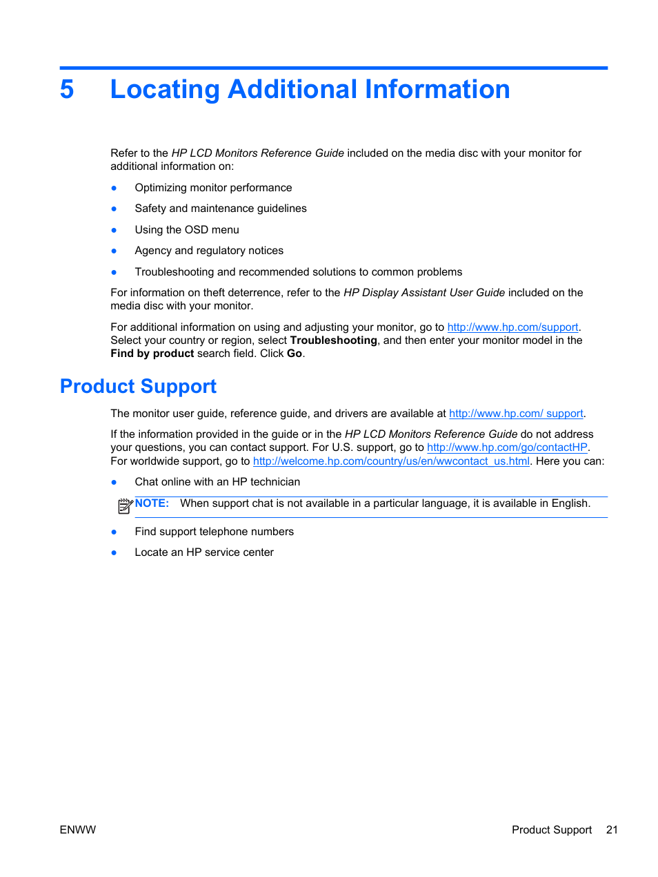 Locating additional information, Product support, 5 locating additional information | 5locating additional information | HP EliteDisplay S231d 23-in IPS LED BLU Notebook Docking Monitor User Manual | Page 27 / 30