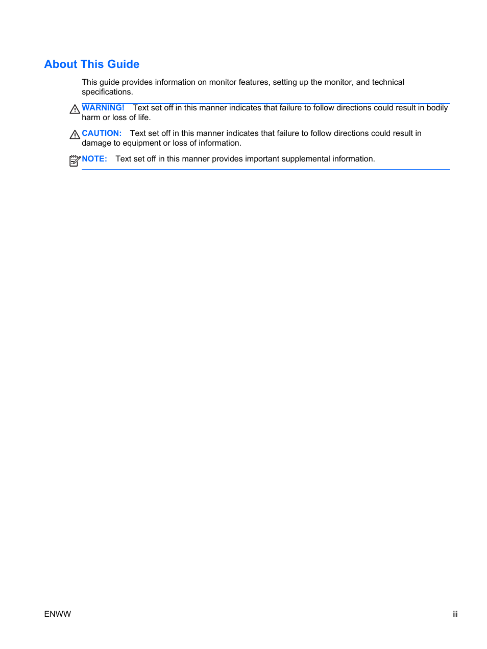 About this guide | HP EliteDisplay S231d 23-in IPS LED BLU Notebook Docking Monitor User Manual | Page 3 / 30