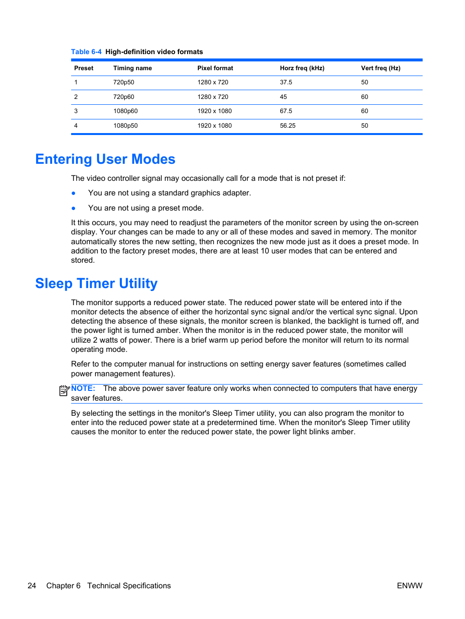 Entering user modes, Sleep timer utility | HP EliteDisplay S231d 23-in IPS LED BLU Notebook Docking Monitor User Manual | Page 30 / 30