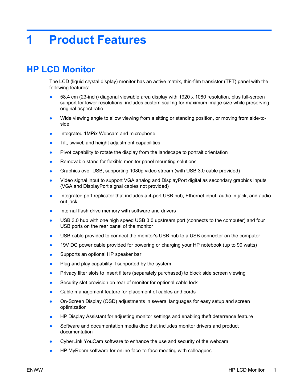 Product features, Hp lcd monitor, 1 product features | 1product features | HP EliteDisplay S231d 23-in IPS LED BLU Notebook Docking Monitor User Manual | Page 7 / 30