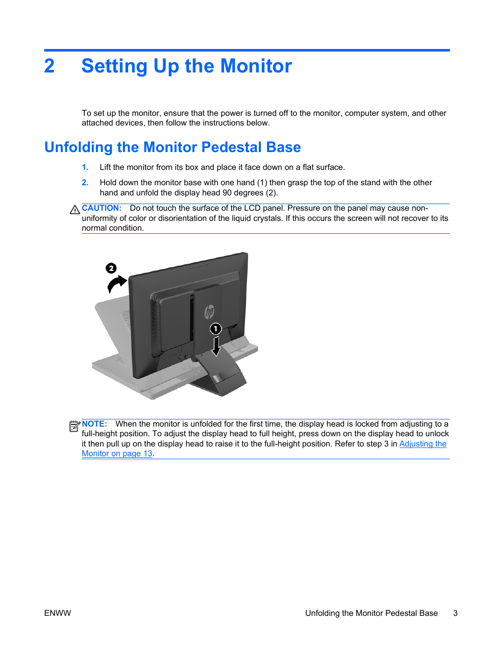 Setting up the monitor, Unfolding the monitor pedestal base, 2 setting up the monitor | 2setting up the monitor | HP EliteDisplay S231d 23-in IPS LED BLU Notebook Docking Monitor User Manual | Page 9 / 30