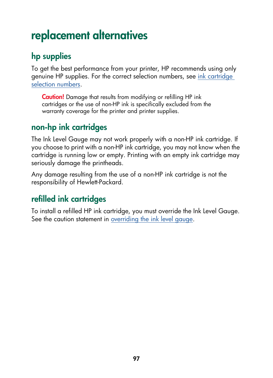 Replacement alternatives, Hp supplies, Non-hp ink cartridges | Refilled ink cartridges | HP Color Inkjet cp1160 Printer series User Manual | Page 105 / 216