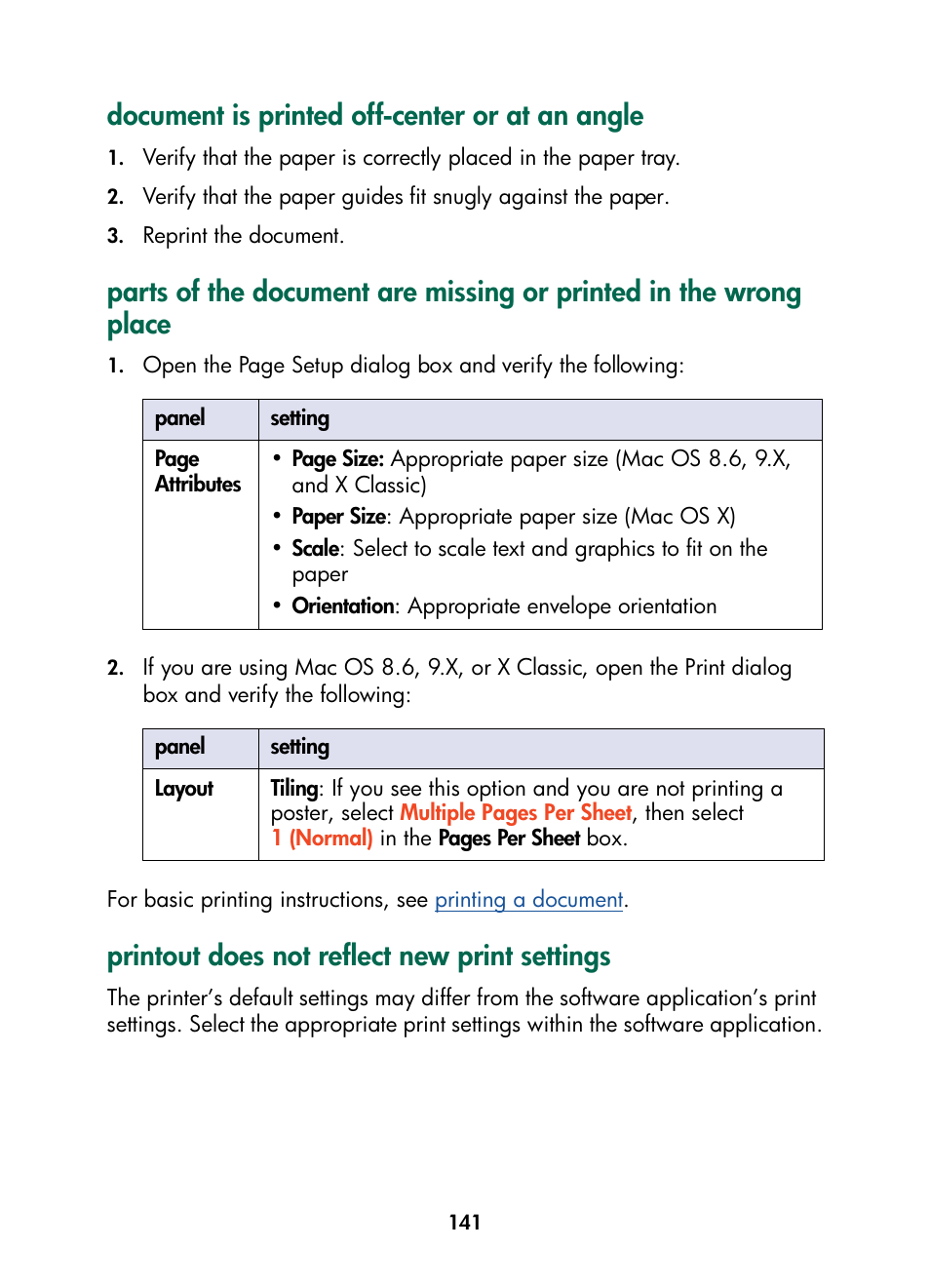 Document is printed off-center or at an angle, Printout does not reflect new print settings | HP Color Inkjet cp1160 Printer series User Manual | Page 149 / 216