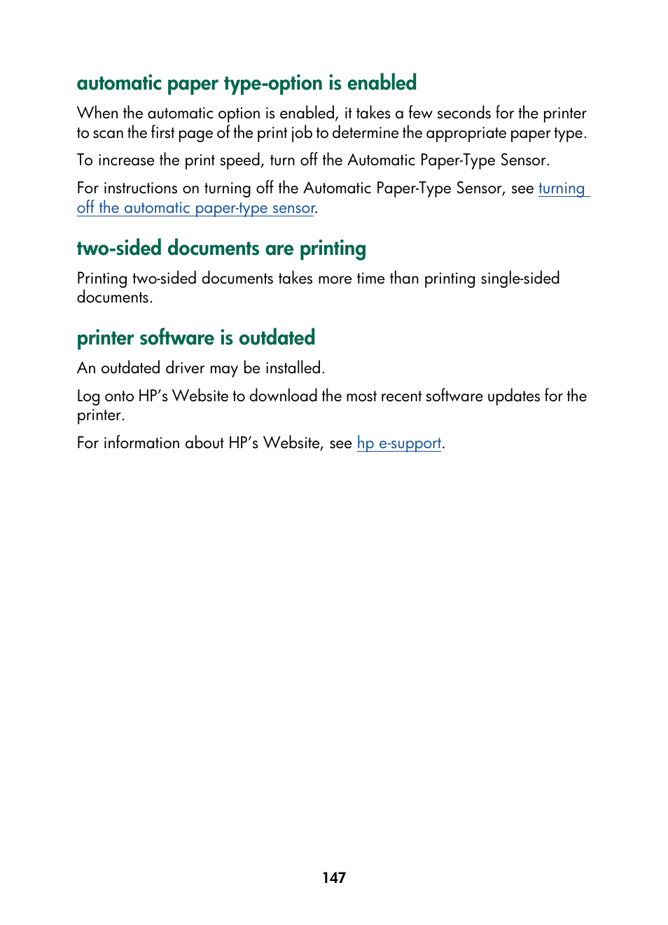 Automatic paper type-option is enabled, Two-sided documents are printing, Printer software is outdated | HP Color Inkjet cp1160 Printer series User Manual | Page 155 / 216