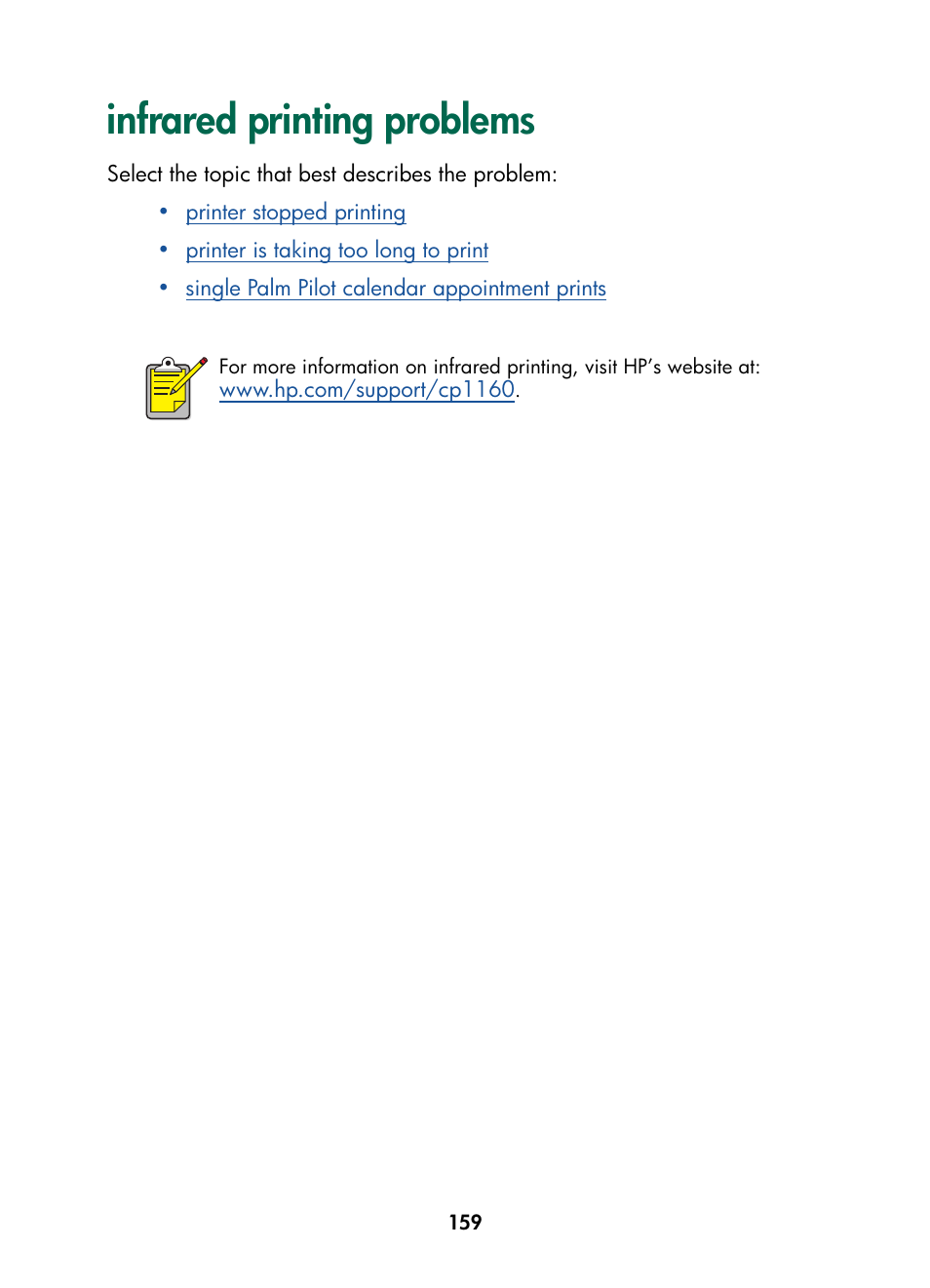 Infrared printing problems, Infrared printer feature | HP Color Inkjet cp1160 Printer series User Manual | Page 167 / 216
