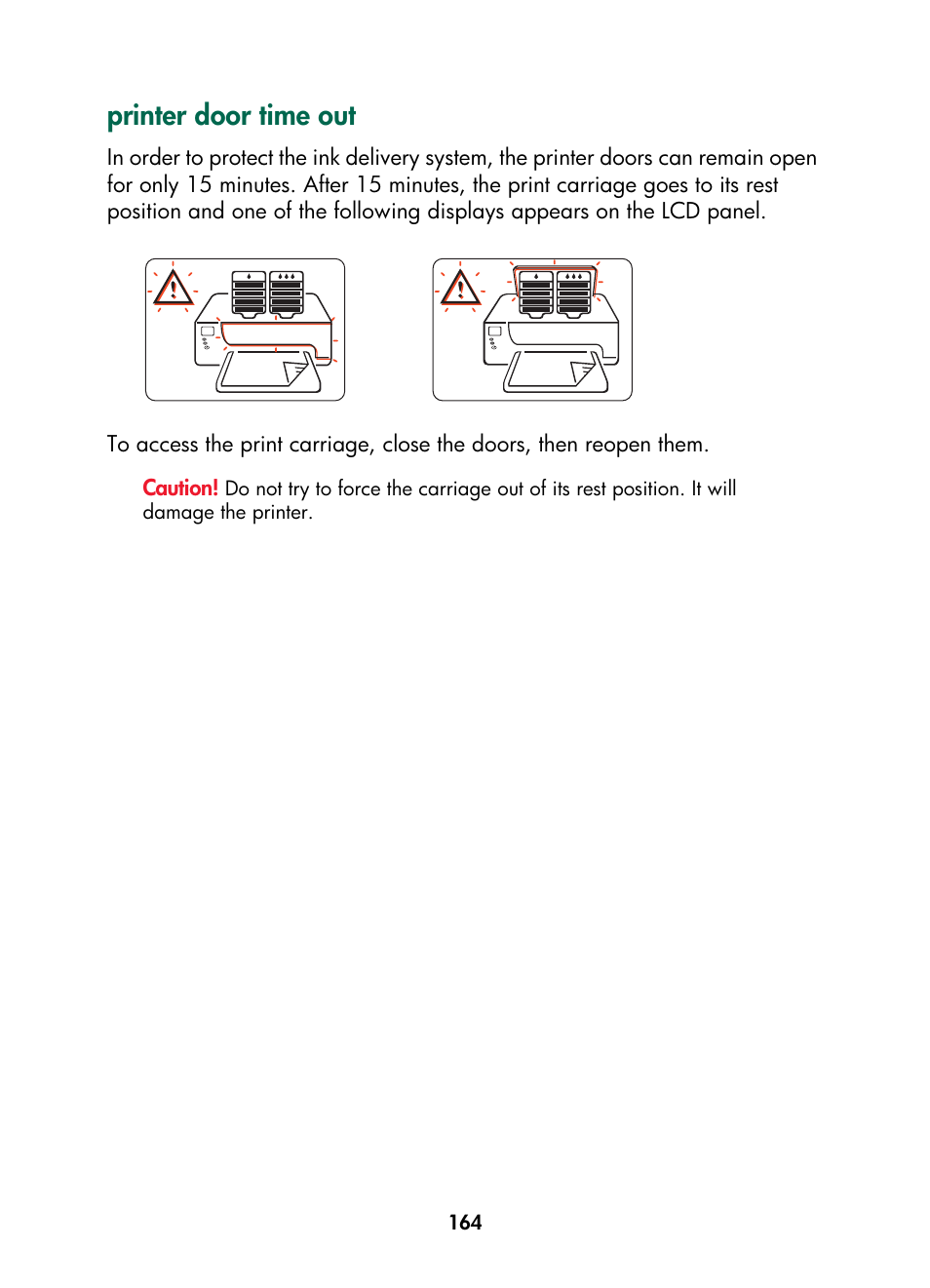 Printer door time out, Top door, Front door | HP Color Inkjet cp1160 Printer series User Manual | Page 172 / 216