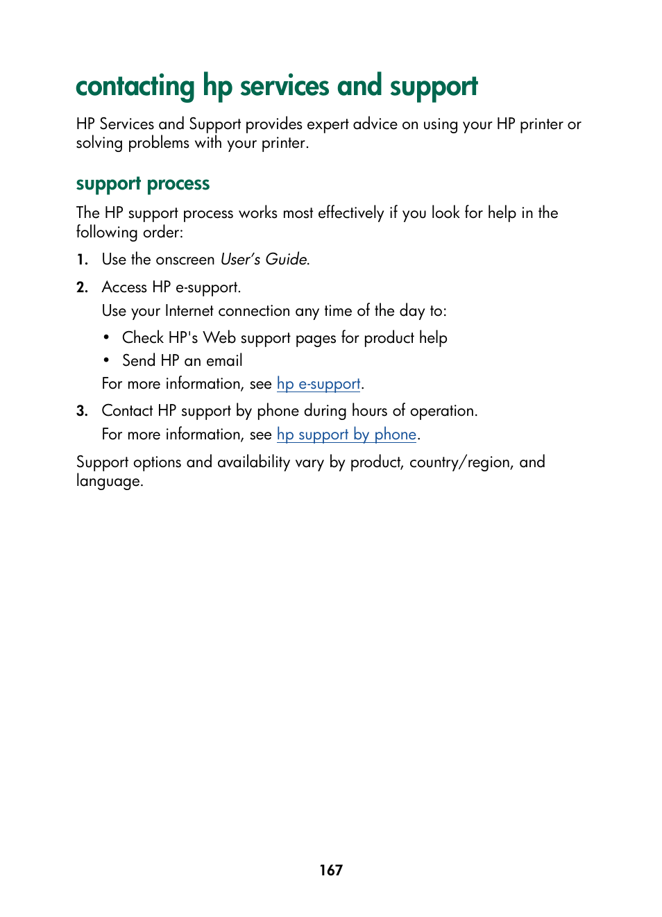 Contacting hp services and support, Support process, Contacting hp services and | Support, Contacting hp, Services and support, Contacting hp services, And support | HP Color Inkjet cp1160 Printer series User Manual | Page 175 / 216