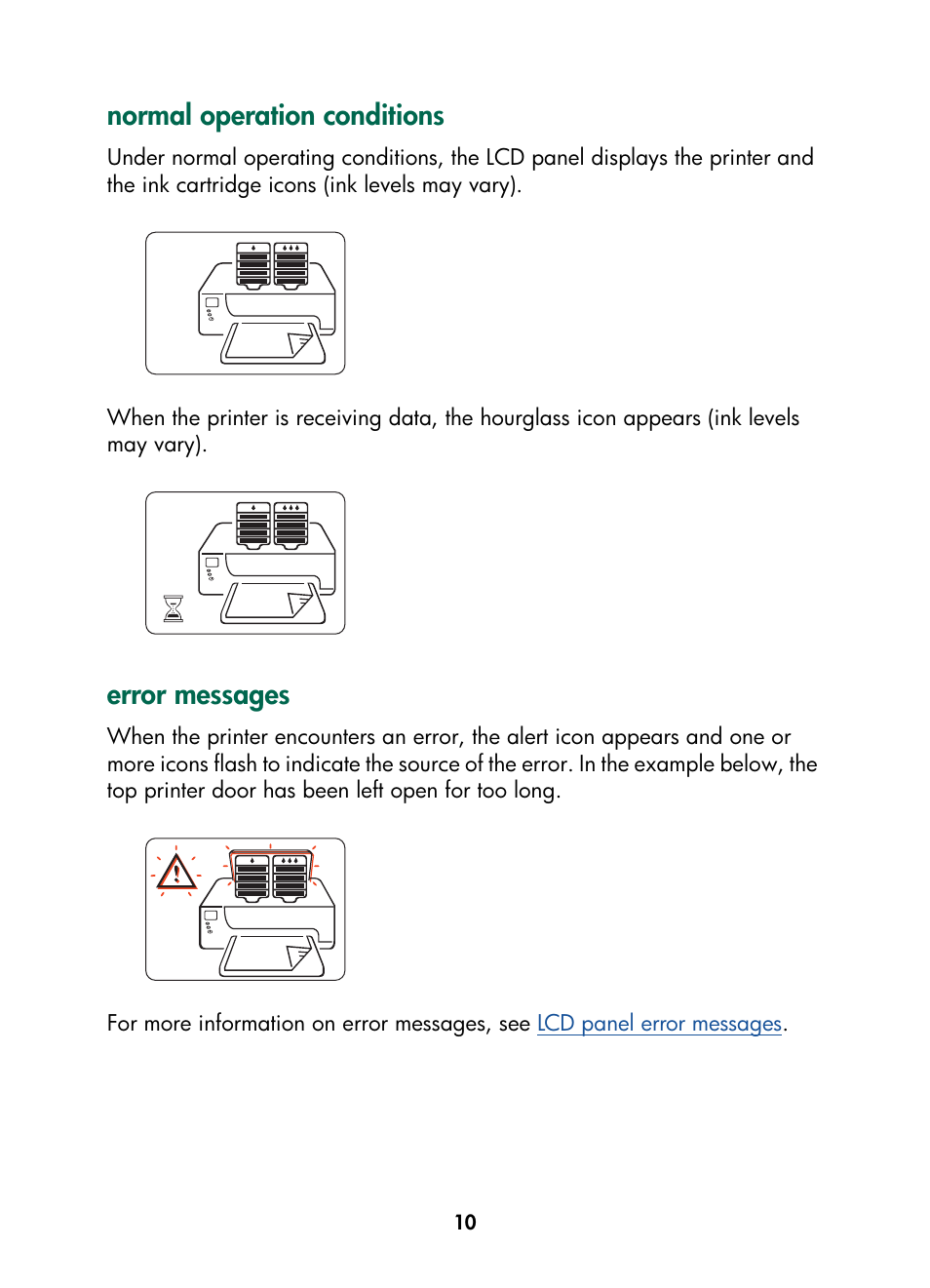 Normal operation conditions, Error messages | HP Color Inkjet cp1160 Printer series User Manual | Page 18 / 216