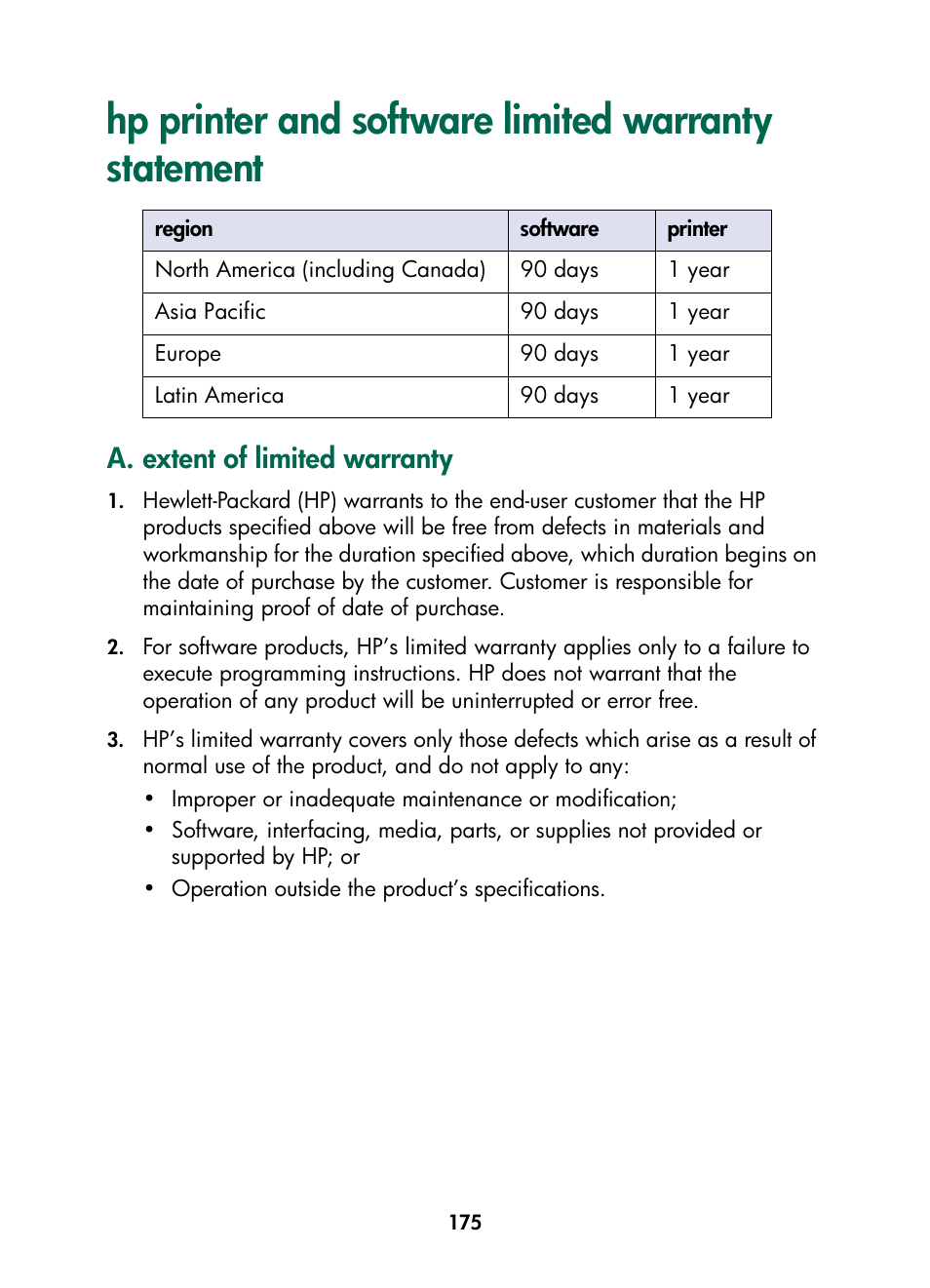 Hp printer and software limited warranty statement, A. extent of limited warranty | HP Color Inkjet cp1160 Printer series User Manual | Page 183 / 216