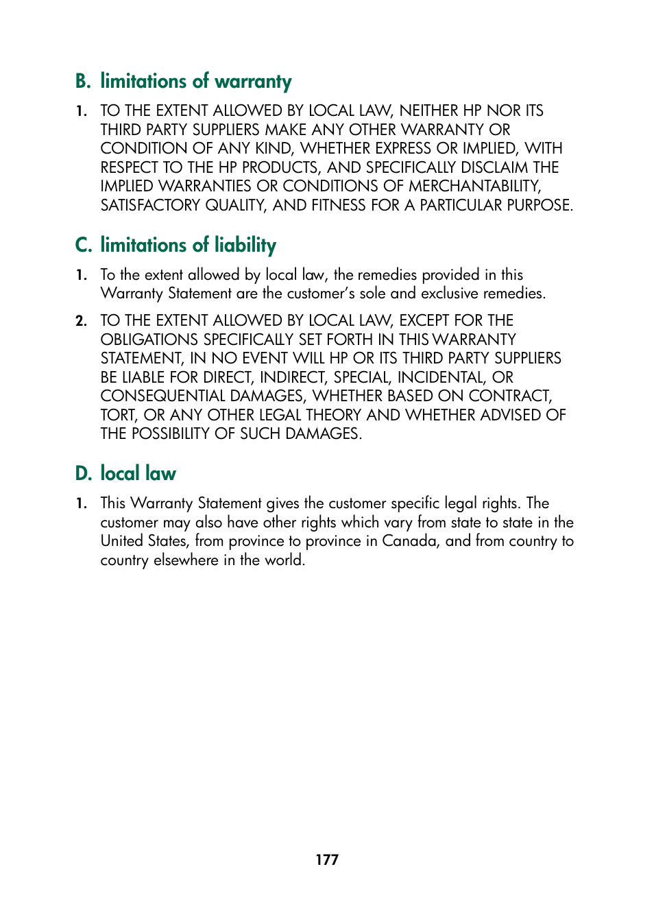 B. limitations of warranty, C. limitations of liability, D. local law | HP Color Inkjet cp1160 Printer series User Manual | Page 185 / 216