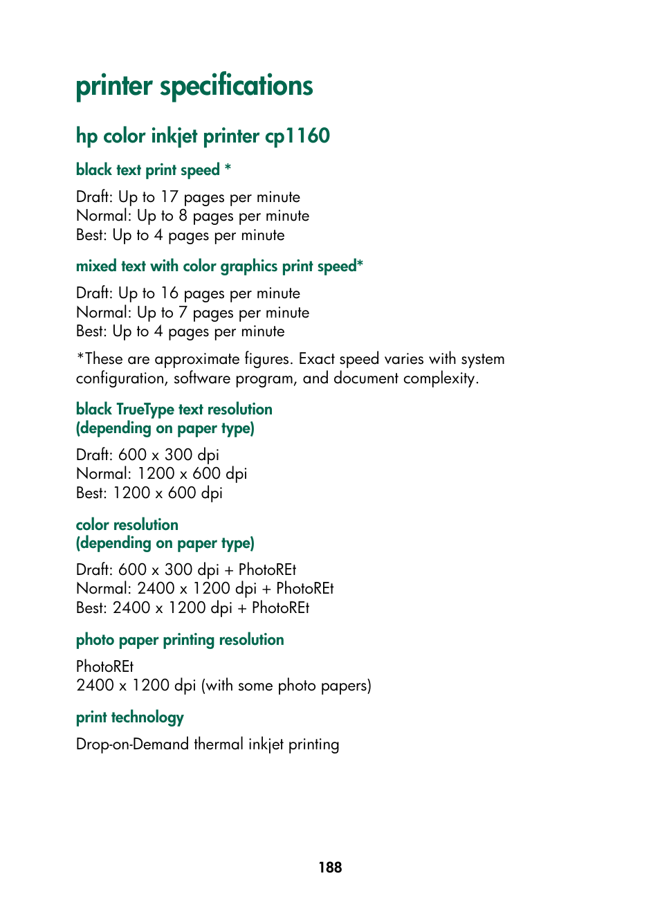 Printer specifications, Hp color inkjet printer cp1160 | HP Color Inkjet cp1160 Printer series User Manual | Page 196 / 216