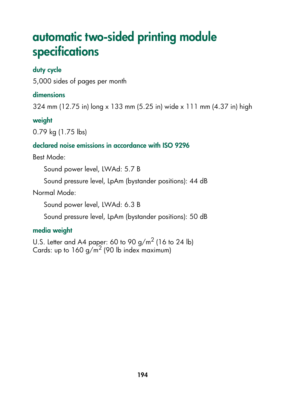 Automatic two-sided printing module specifications, Automatic two, Sided printing module specifications | HP Color Inkjet cp1160 Printer series User Manual | Page 202 / 216