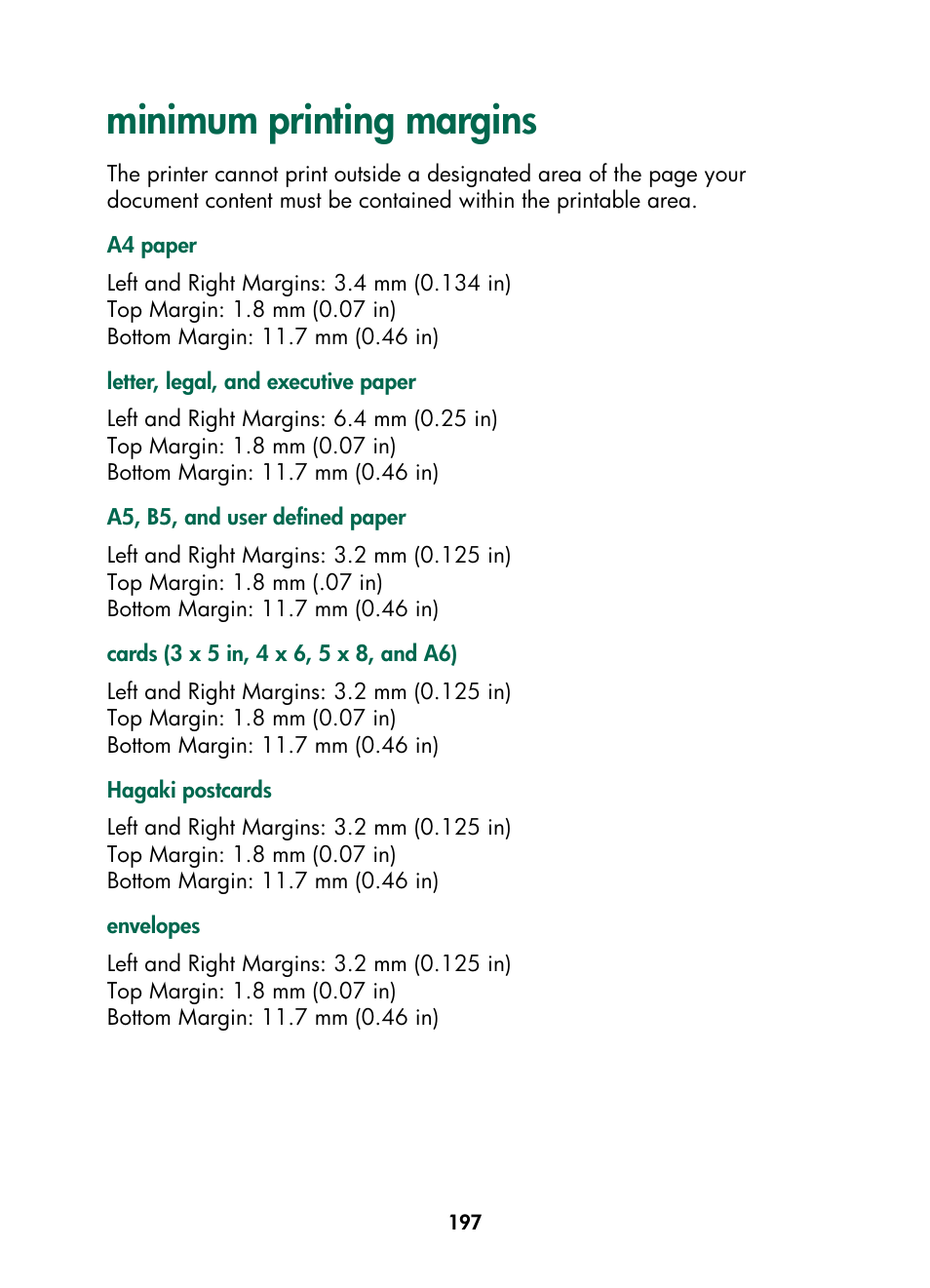 Minimum printing margins | HP Color Inkjet cp1160 Printer series User Manual | Page 205 / 216