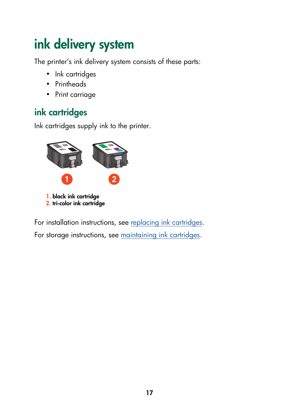 Ink delivery system, Ink cartridges | HP Color Inkjet cp1160 Printer series User Manual | Page 25 / 216