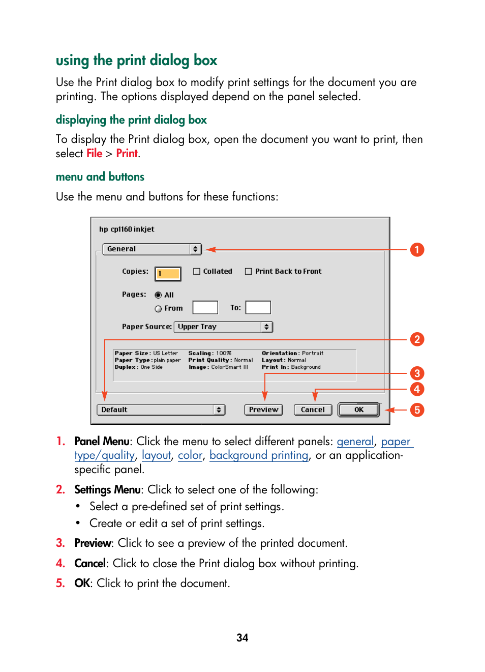 Using the print dialog box, ᕡᕢ ᕣ ᕥ ᕤ | HP Color Inkjet cp1160 Printer series User Manual | Page 42 / 216