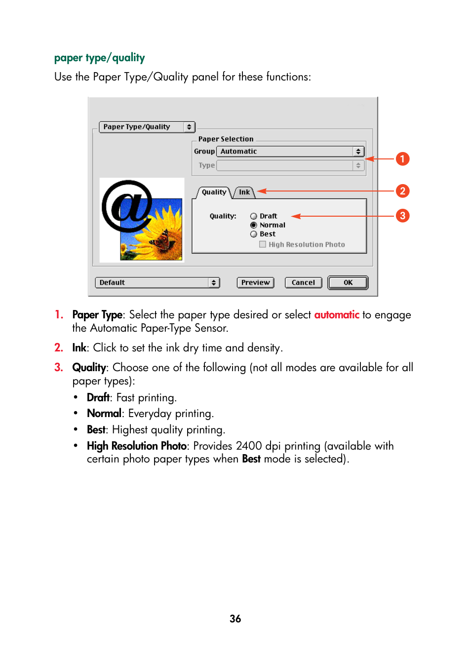 Paper, Type/quality, ᕡᕢ ᕣ | HP Color Inkjet cp1160 Printer series User Manual | Page 44 / 216