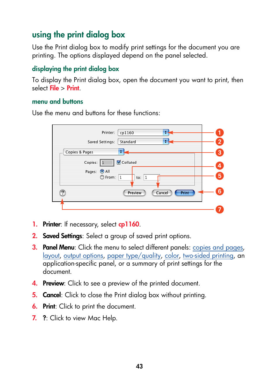 Using the print dialog box | HP Color Inkjet cp1160 Printer series User Manual | Page 51 / 216